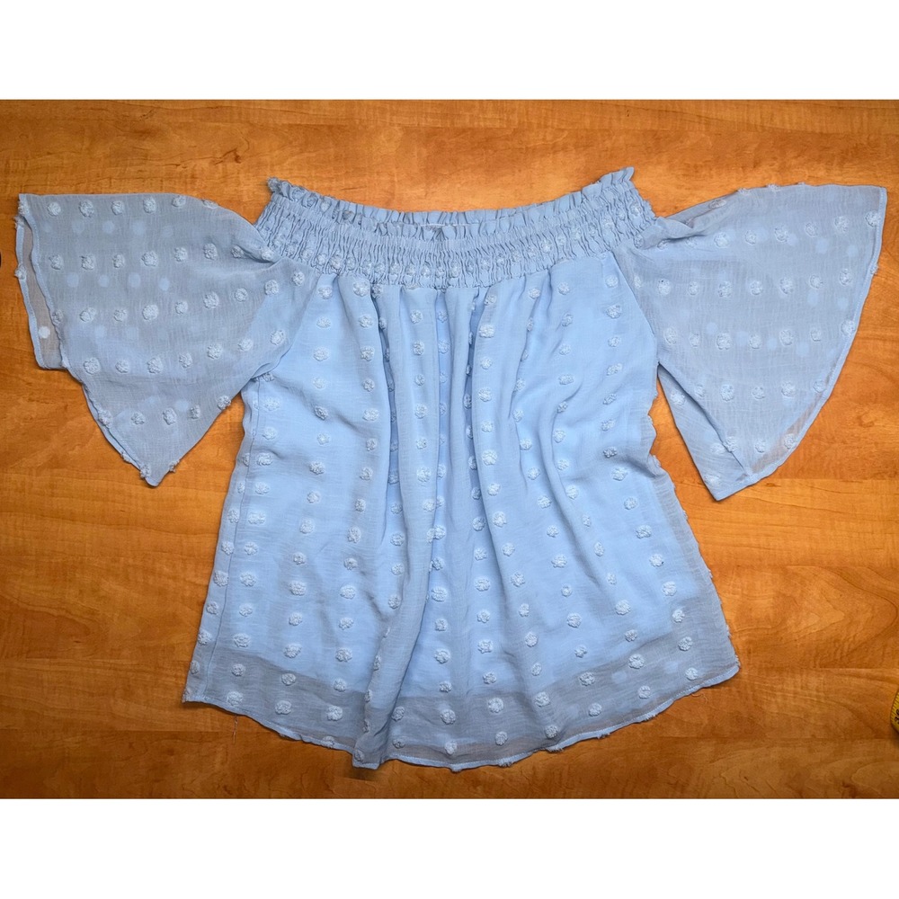 JODIFL Light Blue Swiss Dot Off The Shoulder Smocked Blouse Small